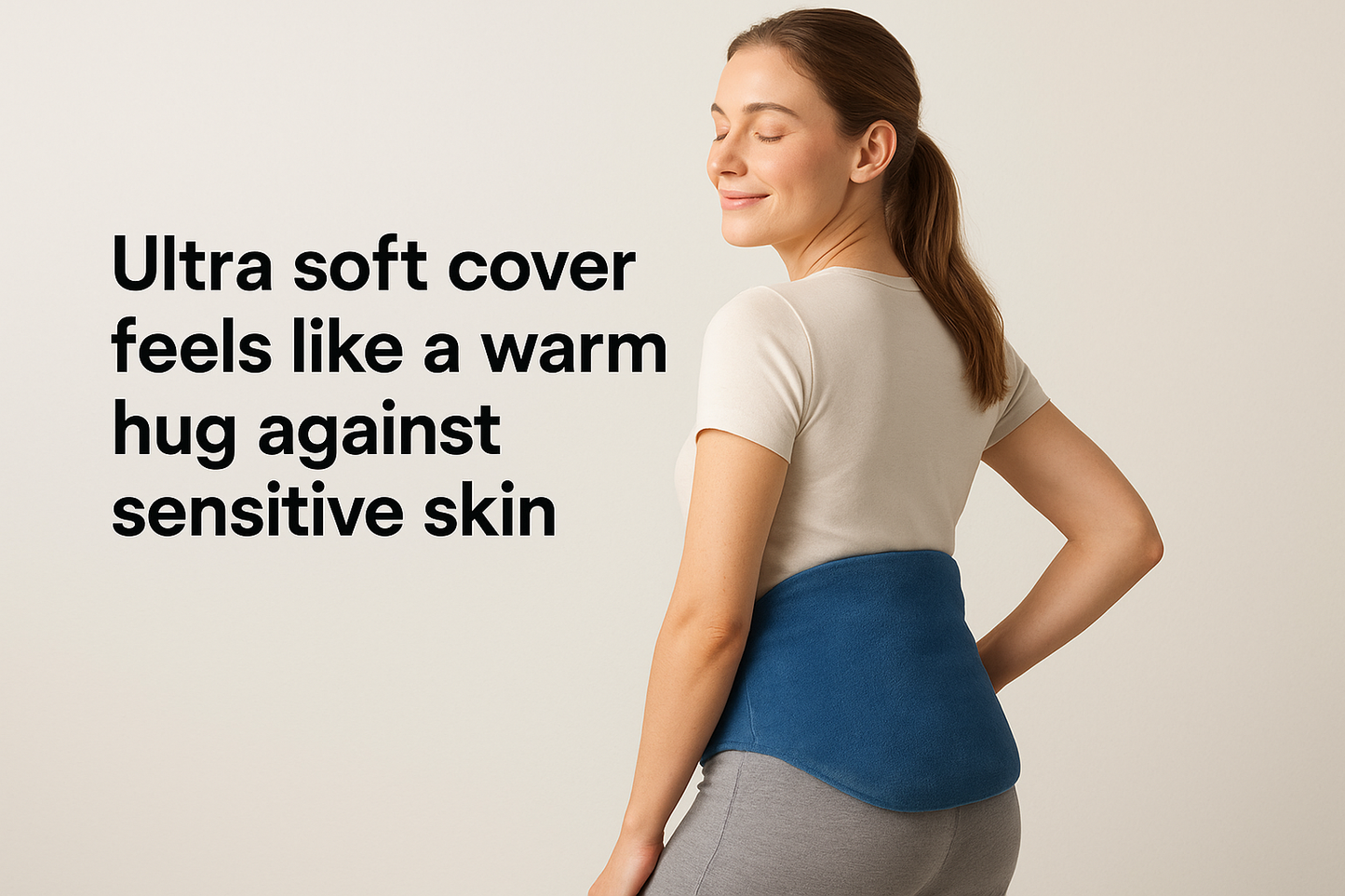 Slightly darker blue, pad is lower on the body, closer to the bum. Add black text that says: Ultra soft cover feels like a warm hug against sensitive skin