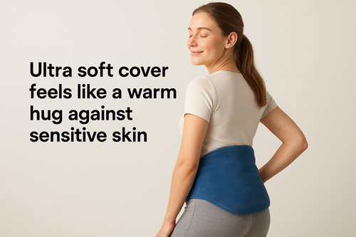 Slightly darker blue, pad is lower on the body, closer to the bum. Add black text that says: Ultra soft cover feels like a warm hug against sensitive skin